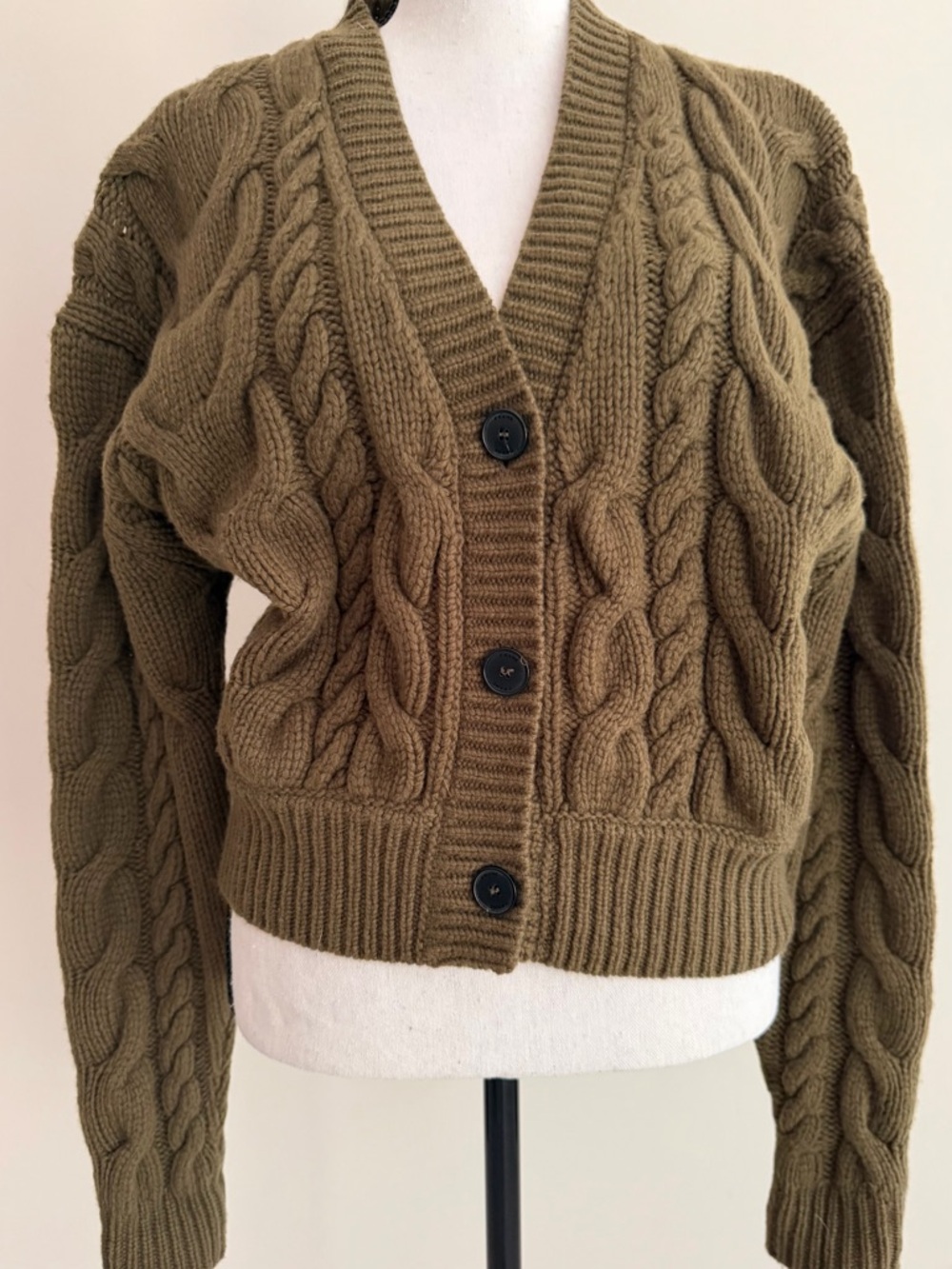 Frame  Olive Cable Knit V-Neck Button Cardigan